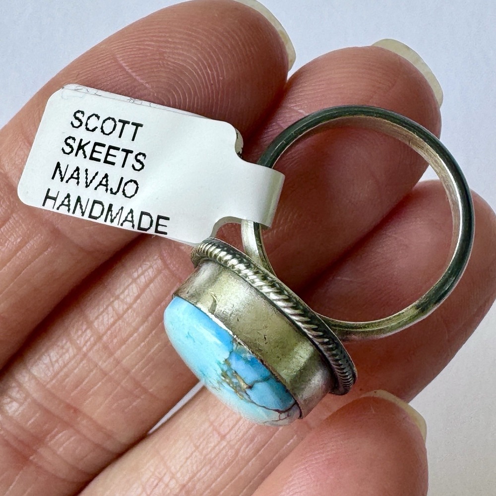 Navajo Golden Hills Ring Blue Turquoise Sz 7 Adj Signed Skeets Sterling Native - Picture 6 of 9